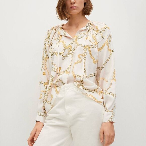 Mango Flowy Blouse Chains Ecru New - Picture 7 of 8